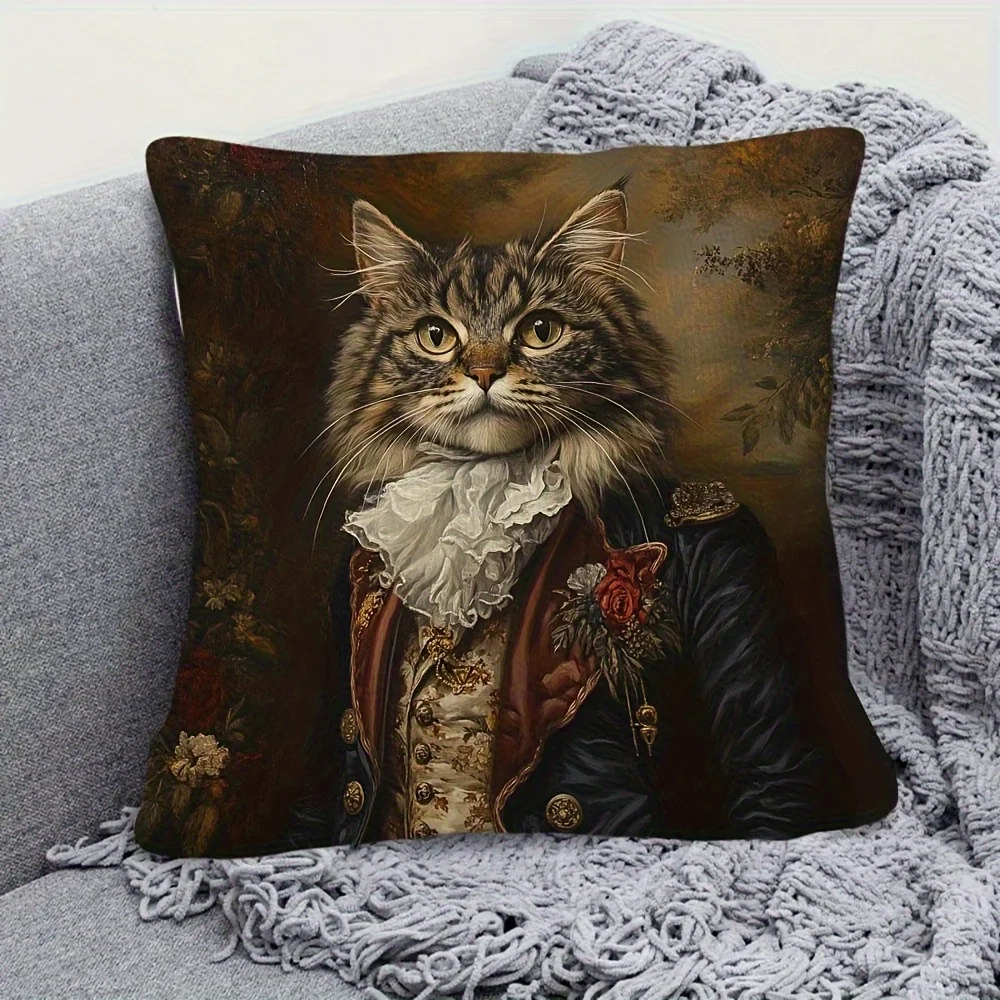 Vintage Royal Cat Pillow Cover Renaissance Oil Painting Print Fancy Aristocrat Kitten Cushion Case for Sofa Bed Couch Home Decor