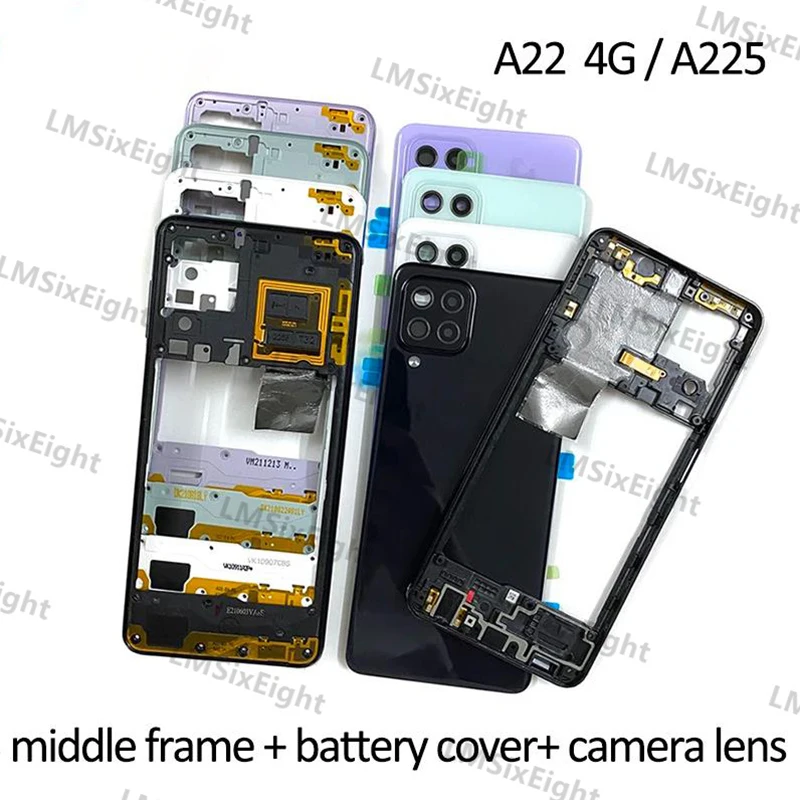 For Samsung Galaxy A22 4g 5g A225 A226 Phone Housing Case Middle Frame Cover+Battery Back Cover Rear Door Lid+Camera Lens Parts