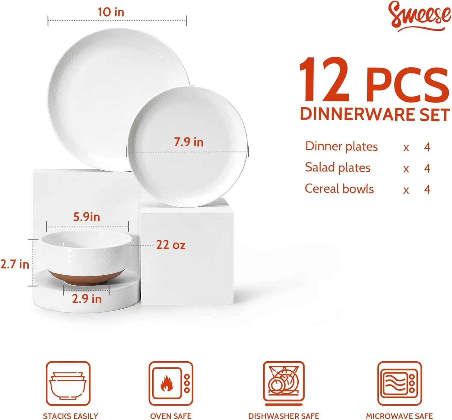 أطقم أواني طعام من البورسلين تتسع لـ 4 أشخاص، طقم أطباق وأطباق منقوشة يدويًا مكونة من 12 قطعة مع سطح من الطين الريفي والخدش R