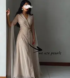 A-line Elegan Evening Party Dress Pearls Design Beads Slit Long Sleeves Prom Dresses Floor-Length Arabia Formal Occasion