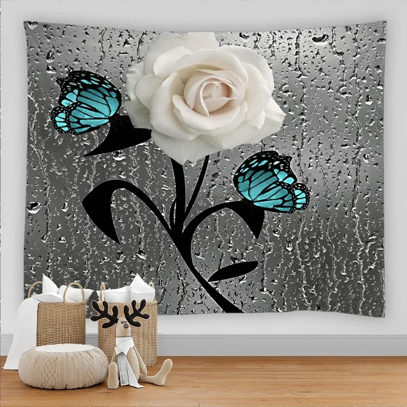 3D colorful flowers tapestry dragonfly water droplets art hanging room decor living room wall Canva home bedroom decor