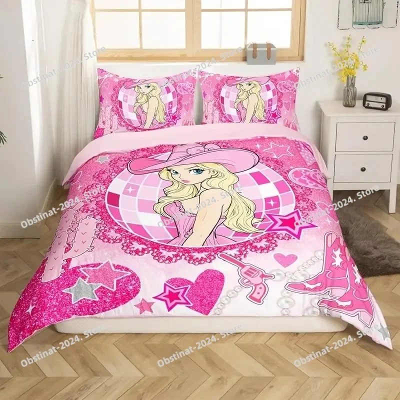 

Cartoon pink bow princes Printed Bedding Sets Comforter Quilt Bed Cover Duvet Cover Pillow Case 3 Pieces Sets Kids Adult Size