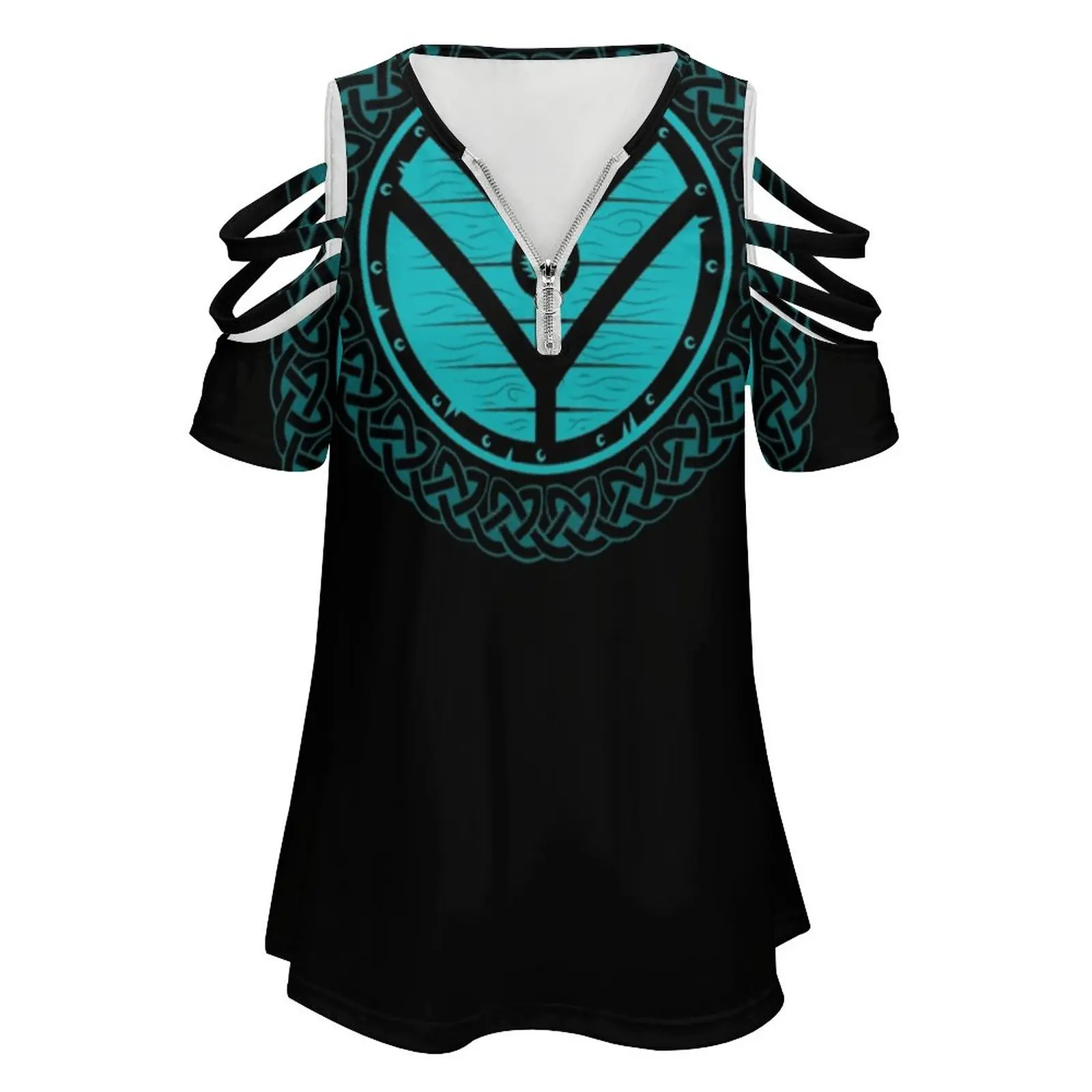Viking Shield Norse Knot Work , Teal Shield Women's T-Shirt Summer Fashion Print Floral V-Neck Zipper Tshirt Hollow Pullover