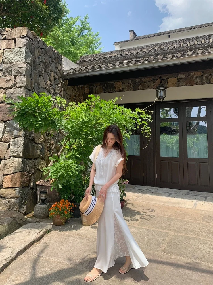 

Летний шикарный комплект Florr Playa: женский топ с V-образным вырезом и кружевной отделкой, юбка, короткий рукав, молодежный модный ансамбль из ткани