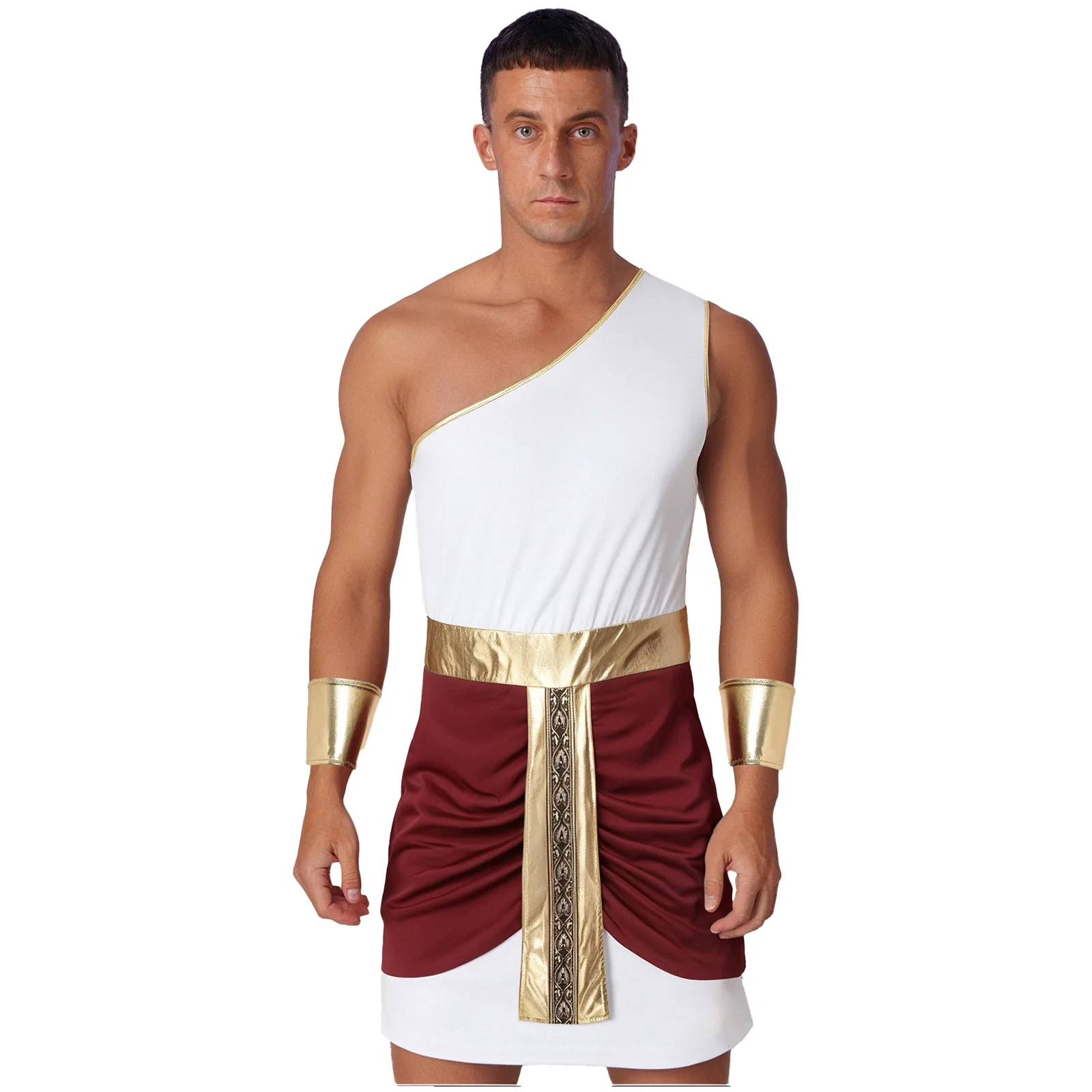 

Men Halloween Warrior Cosplay Egyptian Pharaoh Toga And Sleeves One Shoulder Metallic Shiny Dress Robe for Themed Parties Wear