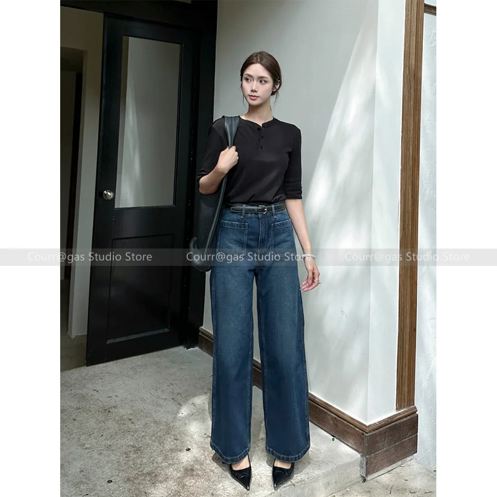 Celana relaksasi untuk wanita, celana jeans kaki lebar longgar pinggang tinggi warna polos retro saku ganda