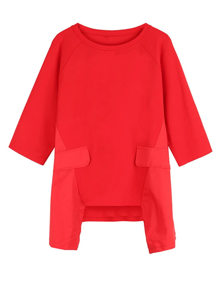 [EAM] Women Red Irregular Hem Big Size Casual T-shirt New Round Neck Half Sleeve Loose Fit Fashion Spring Autumn 2024 1DF5286