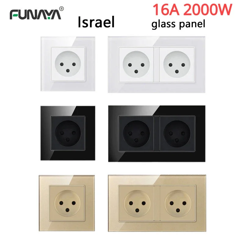 Israel Wall Power Socket 1 2 Outlets 16A 2000W 86 146mm Power Israelites Plug Home Glass PC Panel Black White Office Socket