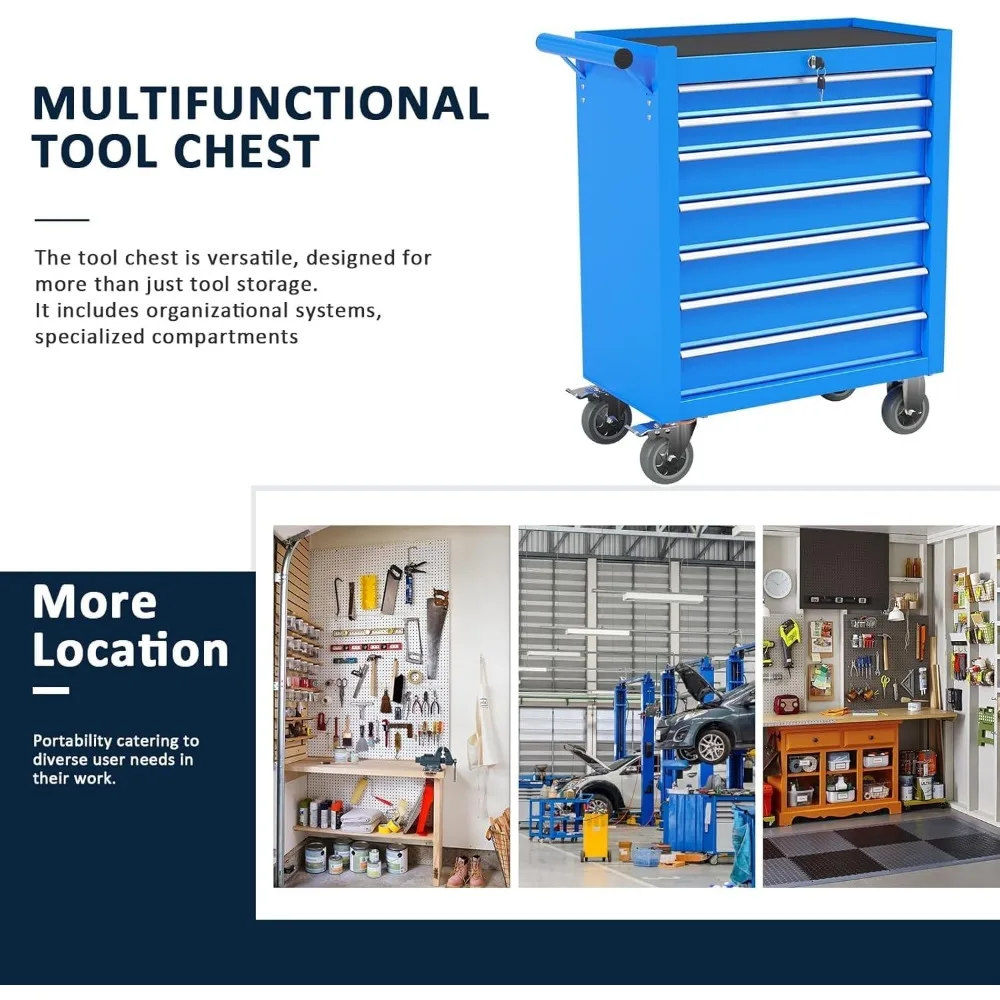Lemari Perkakas Logam Beroda dengan 7 Laci, Kabinet Penyimpanan Terkunci di Atas Roda untuk Pengorganisasian Garasi dan Bengkel