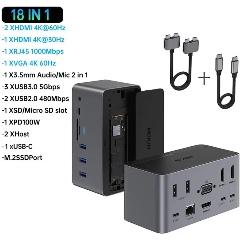 Top! 18 in 1 Docking Station USB C to Dual HDMI Adapter SD/TF,VGA, PD,RJ45, Thunderbolt 3,SSD Enclosure,for MacBook Pro/Air 4K