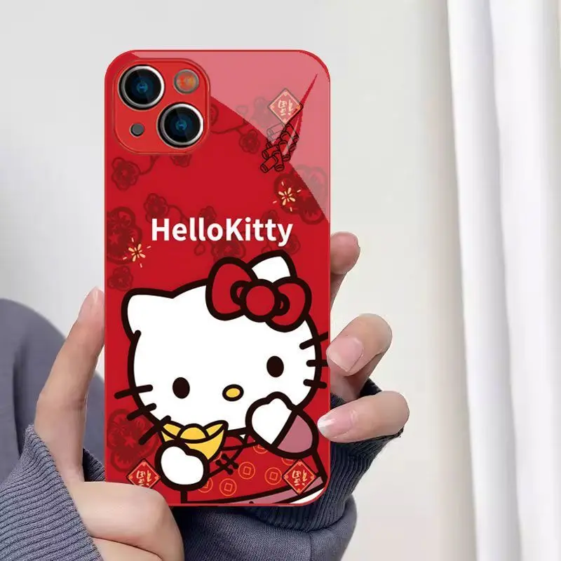 Sanrio Hellokitty Mobile Phone Case New Year's Christmas Red for Iphone 15Promax Red Mobile Phone Case 13/14Plus Glass 11/12mini