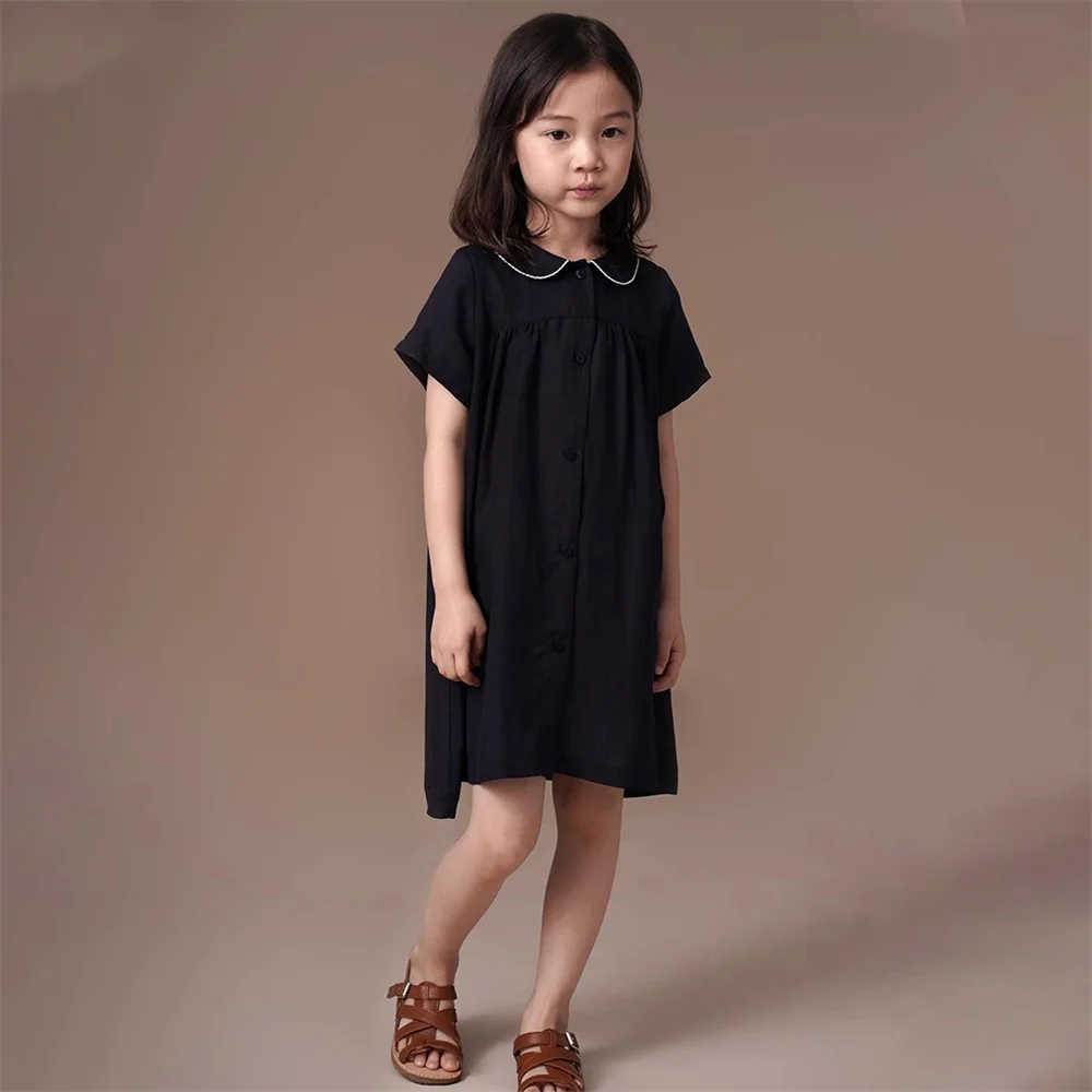 Teens Girls Summer Short Sleeve A Line Dress Elegant Black Princess Vintage Dress for Girls Turn Down Collar Button Shirt Dress