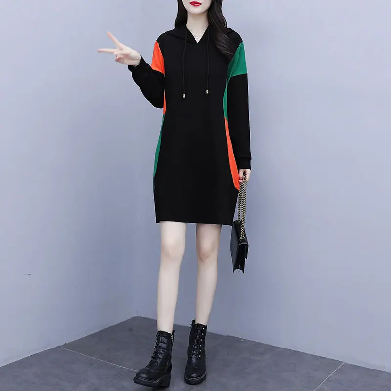 2023 Autumn and Winter Women\'s Hooded Long Sleeve Mid Length Version Pockets Plus Size Fashion Casual Office Lady Dress