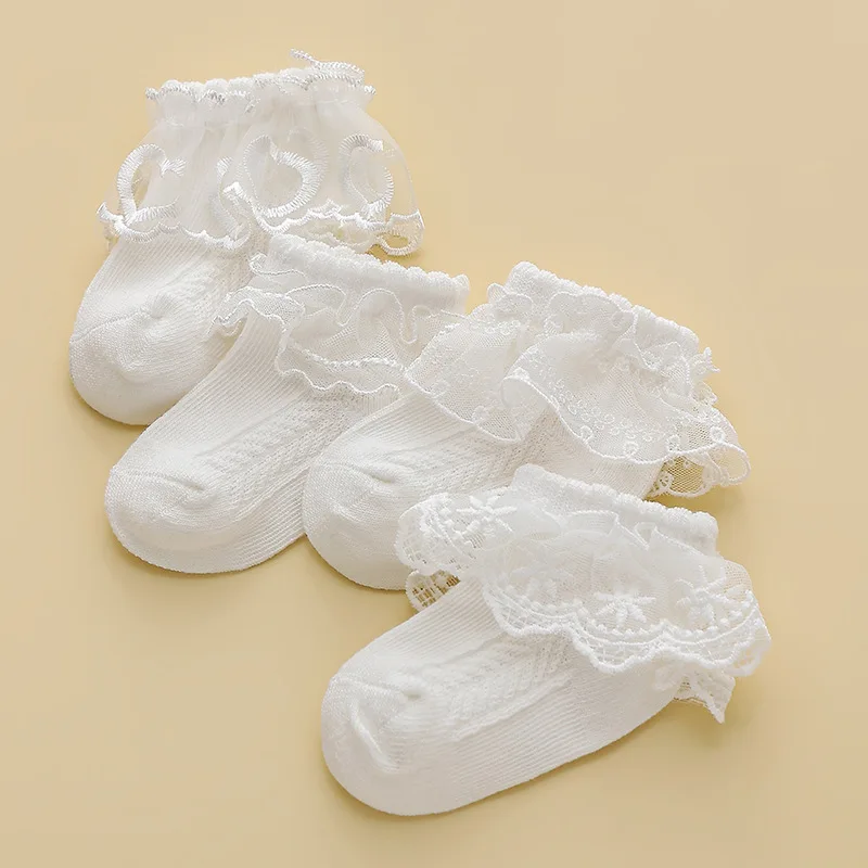 Four Pairs Spring and Summer 2024 New Children\'s Girls Lace Korean Version Comfortable Loose White Dance Princess Socks