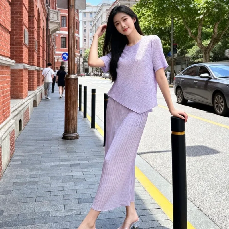 

Miyake Pleated Skirt Set Plisse 2026 Summer New Set Women's Short Sleeve Round Neck Versatile Top High Waist Straight Fold Skirt