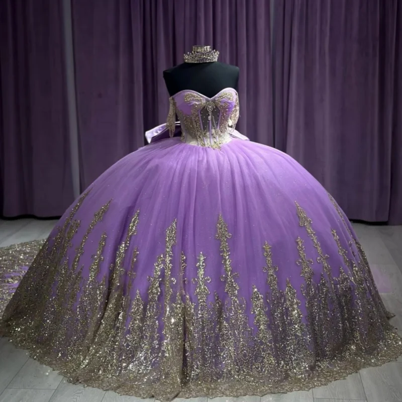 

Shiny Purple Quinceanera Dress off-shoulder glitter crystal decal Long tail Bow vestidos de 15 Quinceanera ﻿Customize