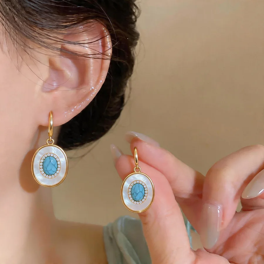 18k Gold Plated Turquoise Color Oval Drop Earrings Retro Zircon Fritillary Ear Buckles for Women Ethnic Style Banquet Jewelry  K