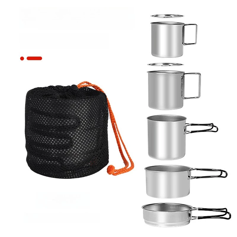 Camping Cookware Set 304 Stainless, Stackable Frying Pan & Pot & Mug, Heat-Resistant Sturdy Durable Outdoor Gear for Travel