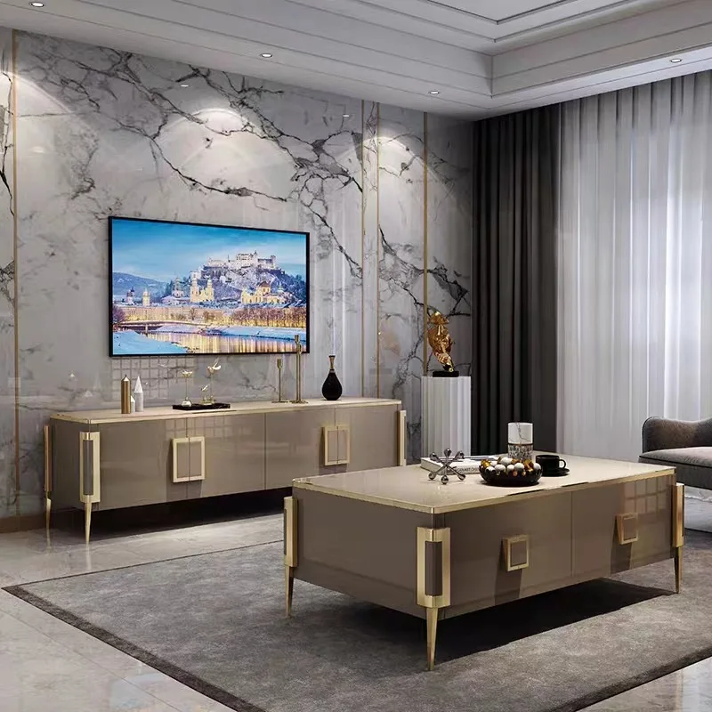 Light luxury coffee table TV cabinet combination household high-end living room bright paint marble high-footed TV cabinet