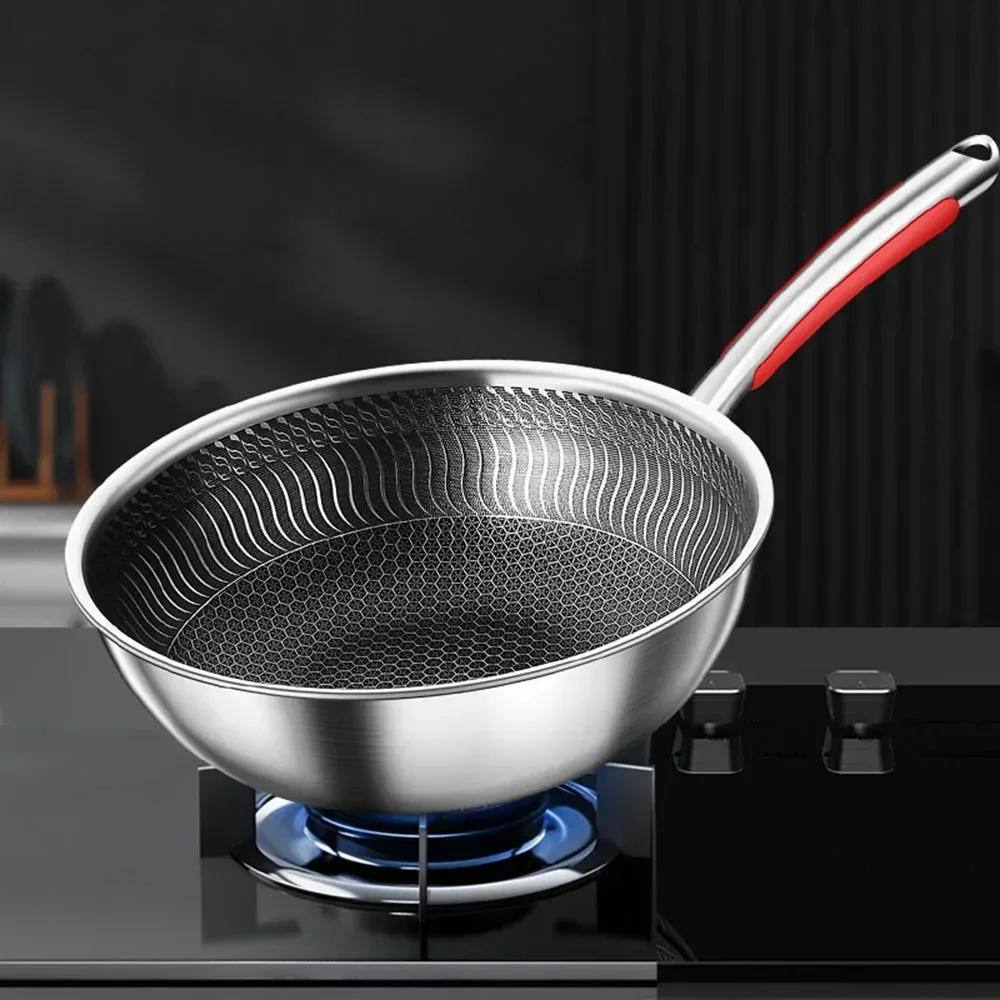

316 Full Stainless Steel Wok Thick Honeycomb Handmade Frying Pan Non Stick Non Rusting Gas/Induction Cooker Pan Kitchen Cookware