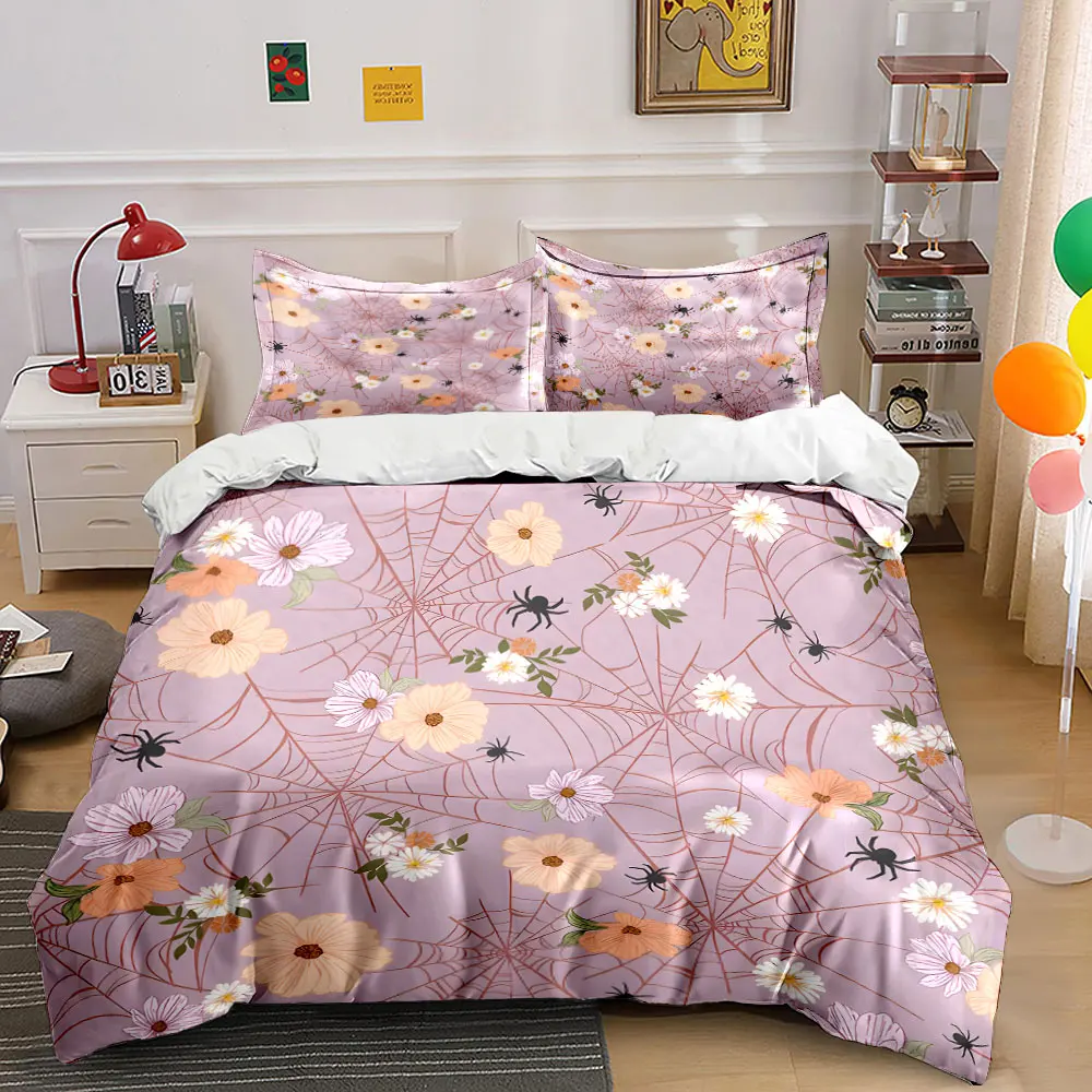 Spider webs with colorful flowers Printed Duvet Cover Set 1 Duvet Cover+2 Pillowcase Multi Size Bedroom Bedding Decor