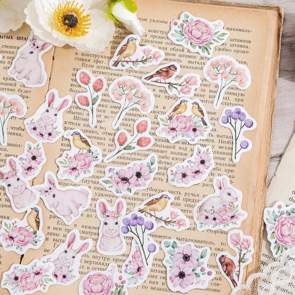 46pcs Fresh Animal Flowers Decorative Stickers Cute Rabbit Bird Scrapbooking Material Label Stationery Album Journal Planner