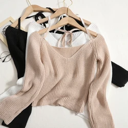 AutumnThin Sweater Pullover Sexy V-Neck Halter Knitwear 2023  New Women's Slim Long Sleeve Knitted Korean Casual Short Tops