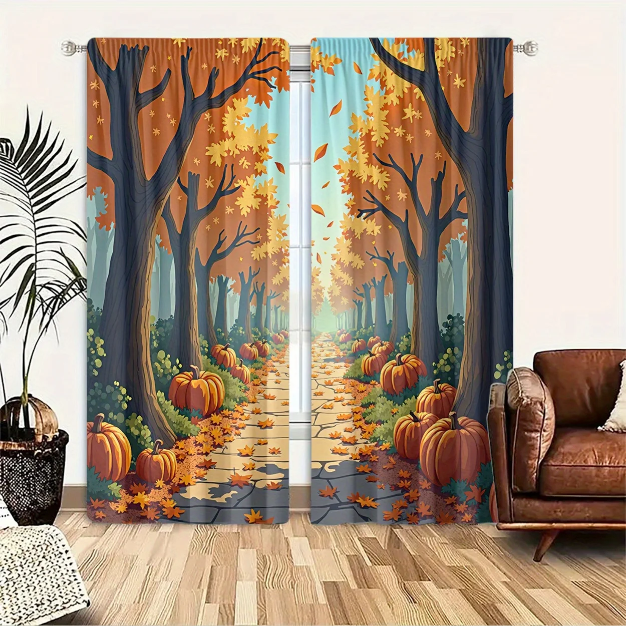 

Autumn Fall Decor Curtains Pumpkin Forest Scene Window Curtain Rustic Harvest Print Home Decoration for Living Room Bedroom Styl