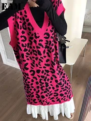 [EAM] Leopard Print Big Size Long Knitting Sweater V-Neck Sleeveless Women Pullovers New Fashion Tide Spring Autumn 2024 1DH7164