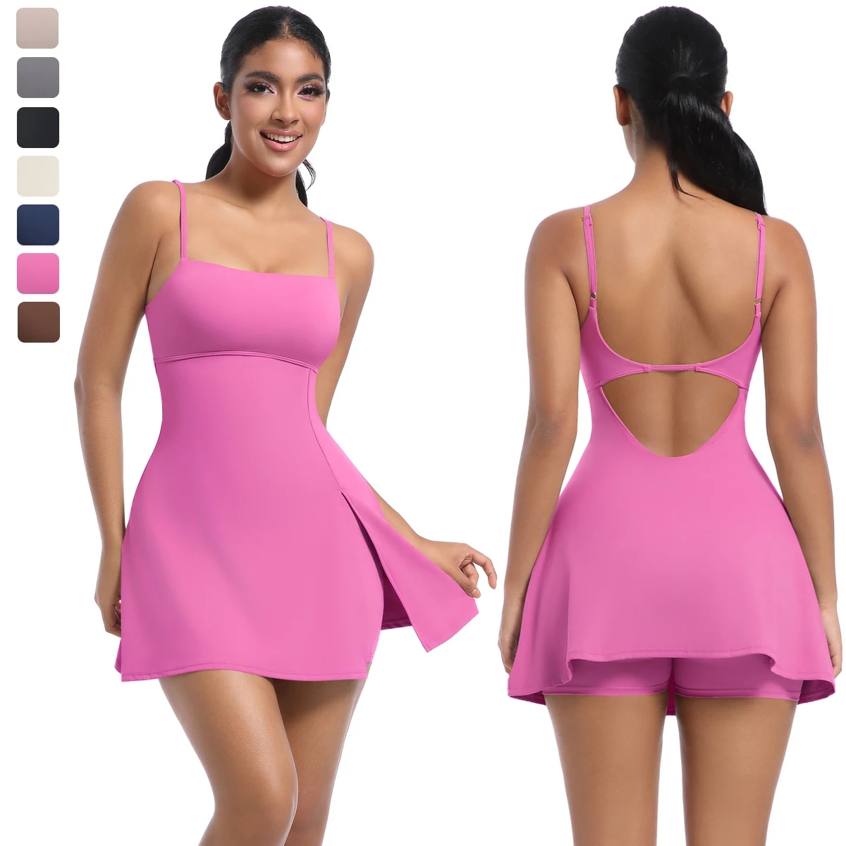 

Новое летнее платье на бретельках, боди для йоги, сексуальное теннисное платье с открытой спиной, предотвращающее освещение, брюки-кюлоты, однотонная спортивная одежда