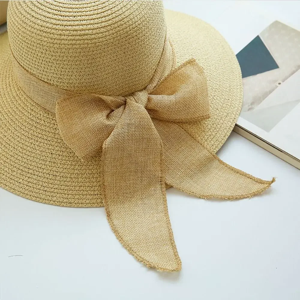 Nowy letni damski kapelusz przeciwsłoneczny moda codzienna muszka kapelusz rybaka słomkowy kapelusz z kokardką wstążka podróżny kapelusz plażowy — zdjęcie 6