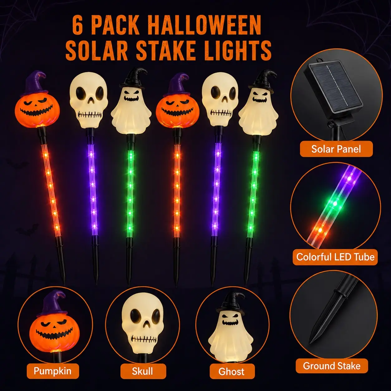 UMEUC 6 Pack Halloween Solar Lights, Pumpkin Ghost Skull Mixed Set, 8 Modes Auto On/Off IP44 Waterproof, Spooky Garden Decor For Yard Graveyard Haunted House sr260811174657856622477