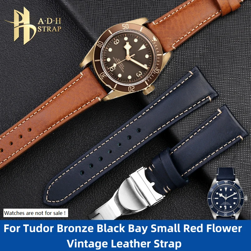 Premium Italian Cowhide Strap For Tudor Bronze Black Bay Small Red Flower Vintage Leather Watch Band 22mm Folding Buckle Style