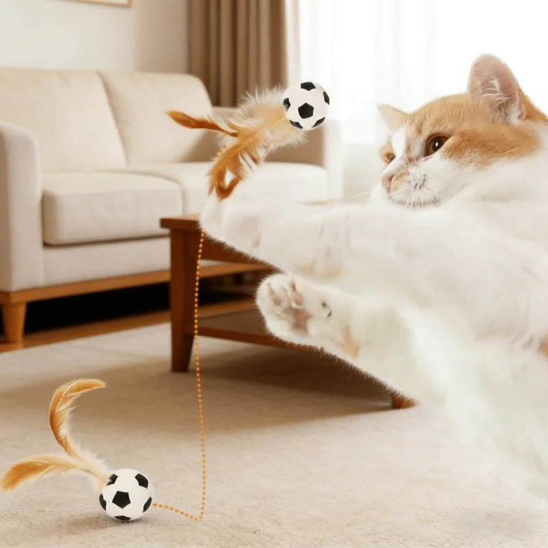 Interactive Feather Cat Elastic Ball - Durable rubber pet toy for throwing and chasing, quiet self entertainment toy,