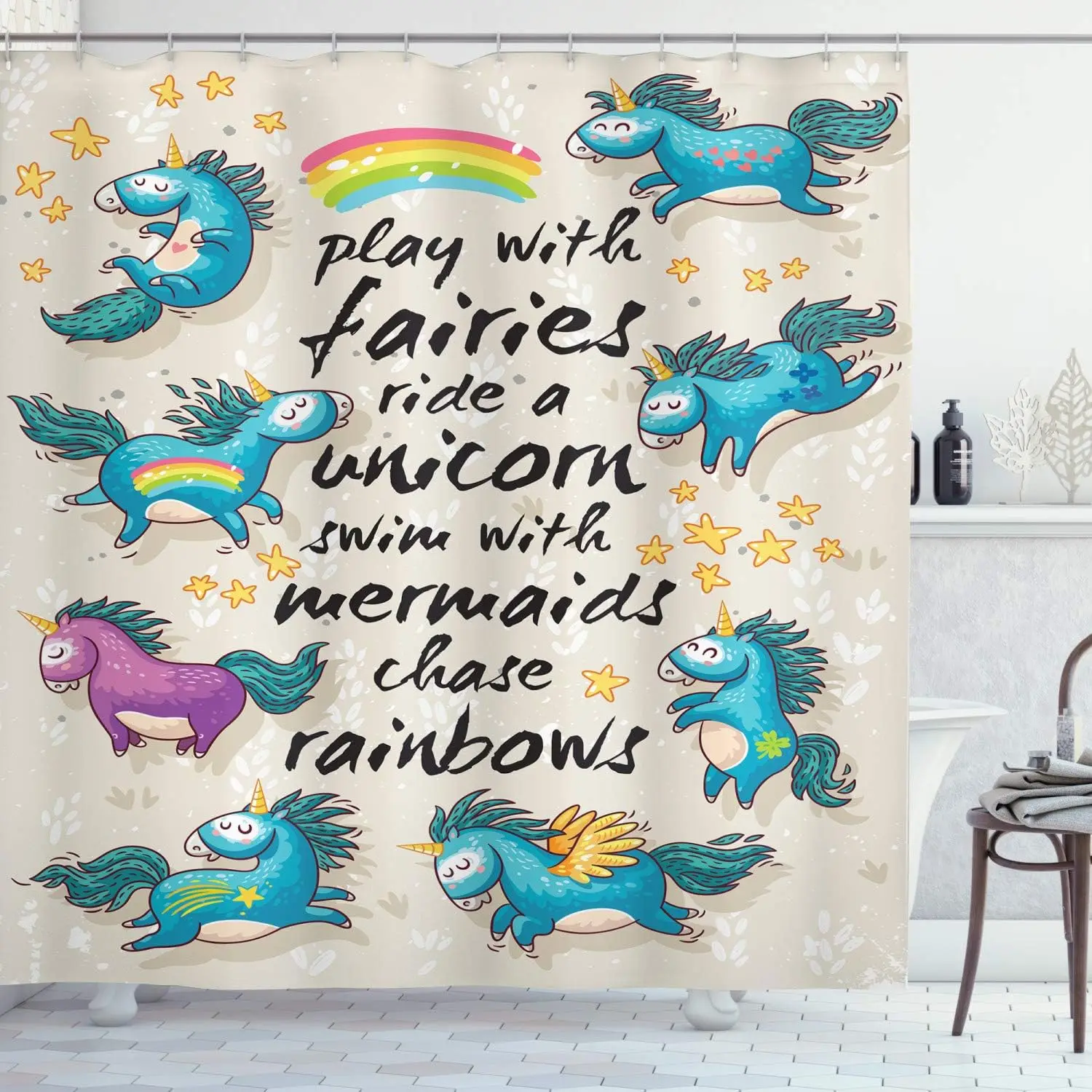 

Cute Unicorn Rainbow Shower Curtain 72x72 Inches Fantasy Kids Bathroom Decor With Fairies Mermaids Stars Design