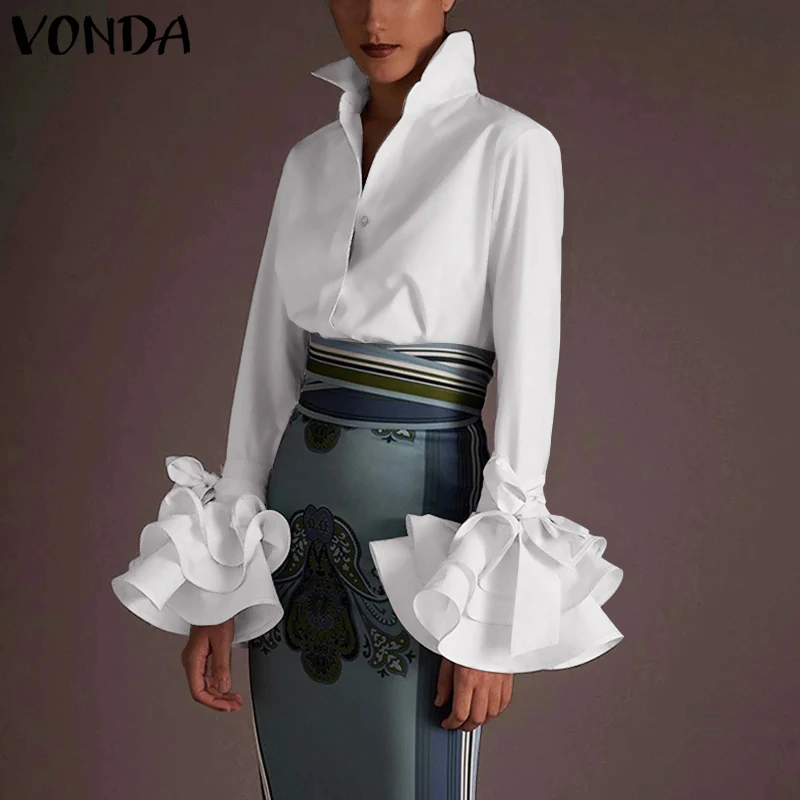 VONDA Lady Lapel Neck Button Women Shirts 2023 Casual Solid Color Top Puff Sleeve Blouse Shirt Autumn Long Sleeve Elegant Office