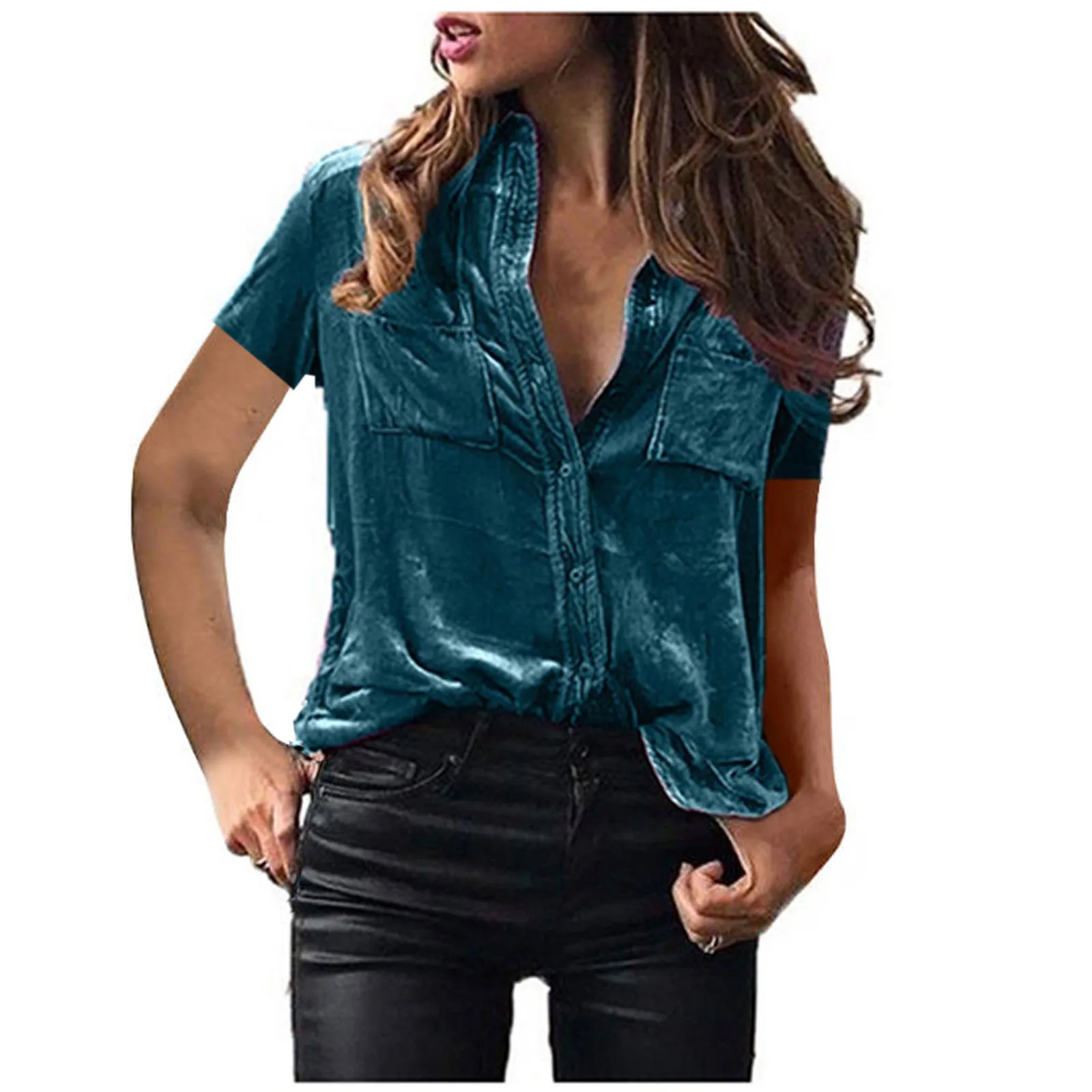 2025 Primavera Verano nueva moda mujer Color sólido básico Casual moda cuello vuelto camisas de manga corta ropa femenina Tops
