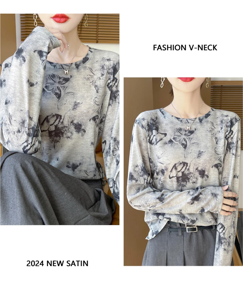 2025 New Summer Thin Silk Knitted Short-sleeved T-shirt Women's Sleeveless Wool Loose Printed T-shirt