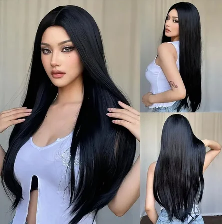 Long Straight Synthetic Wig For Everyday Use Natural Heat Resistant Fiber Hair Black Middle Section For Ladies Cosplay Parties