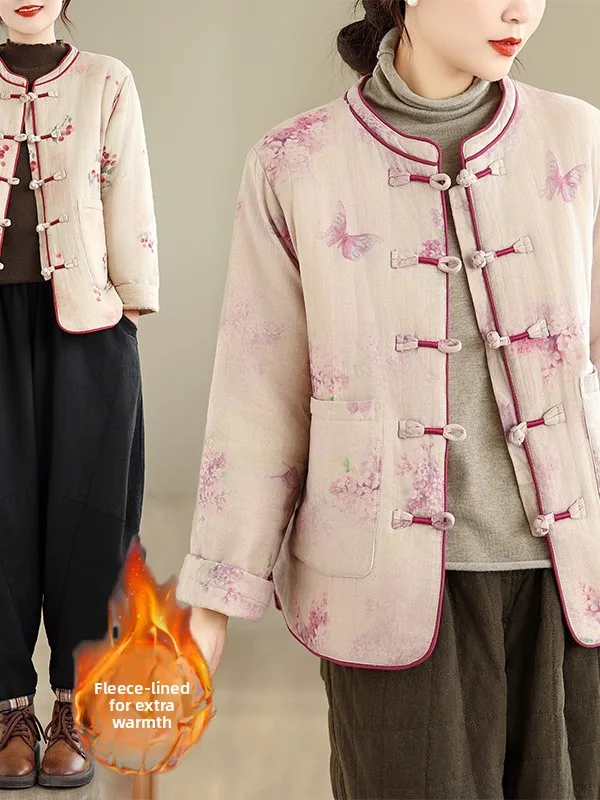 

Retro Chinese National Sle Cotton Jaet with Button Warm All-Match Outerwear Women's Faion Winter New Arrival