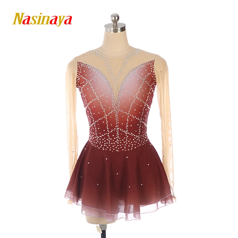 Children's and Adult Figure Skating Costumes Competition Skating Dresses Burgundy Gradient Long Sleeve