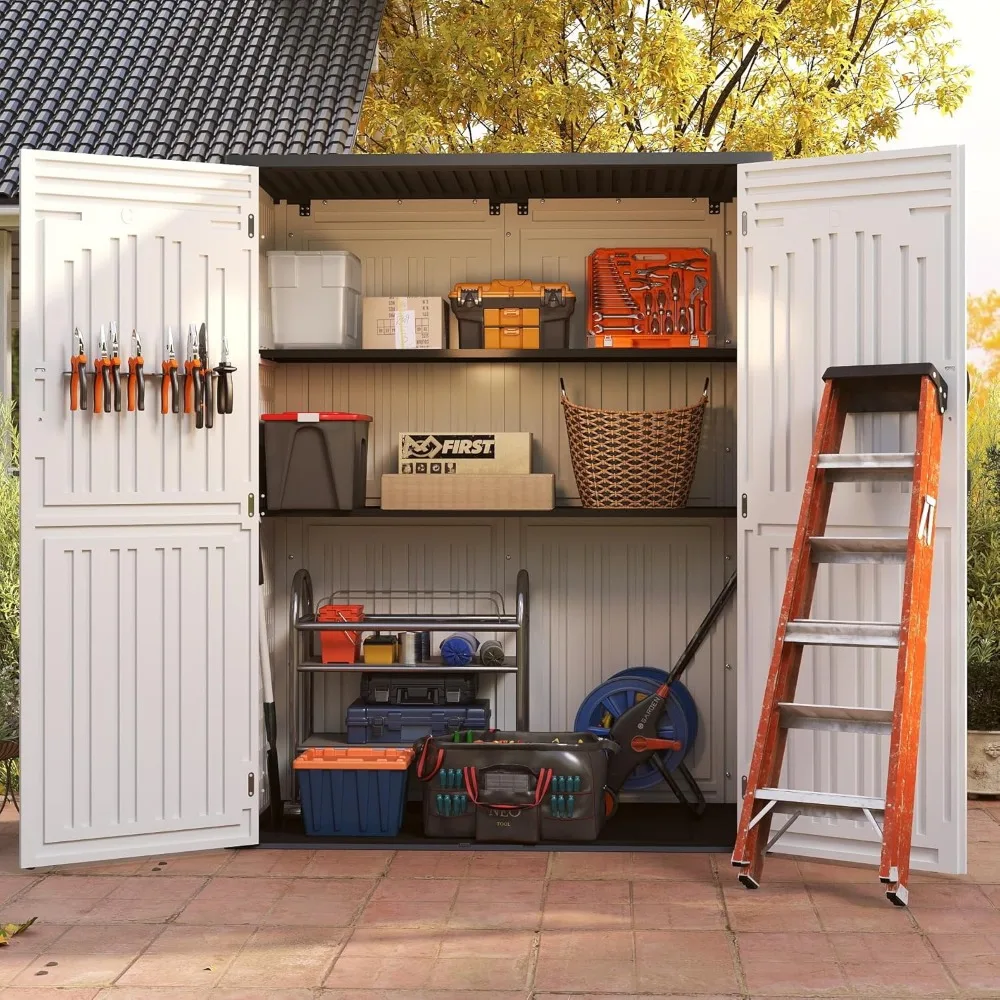 Vertical Resin Storage Shed, 60 Cuft Garden Tool Sheds & Outdoor Storages, Plastic Outdoor Storage Cabinet Waterproof, Sheds