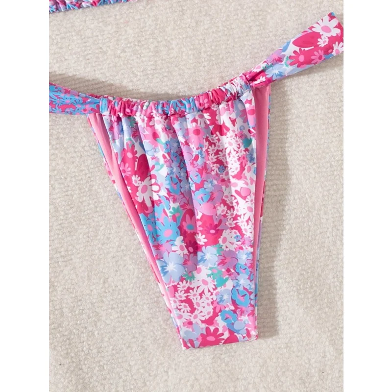 Drukowane Bikini Push Up Kostium Kąpielowy Damski Sexy Sznurowane Bez Pleców Trójkątne Stringi Mikro Bikini 2025 Nowy Strój Kąpielowy Dwuczęściowy na Wakacje na Plaży