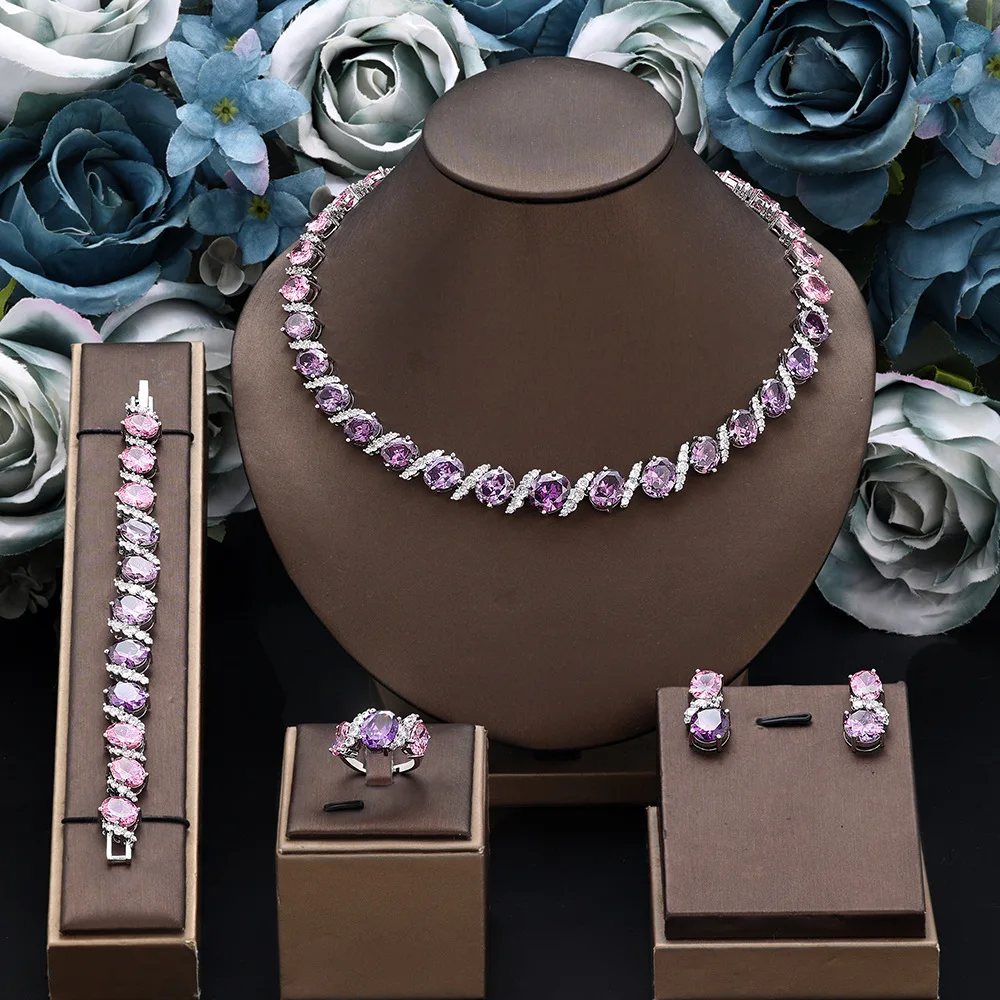 Luxury Purple Gradient Cubic Zirconia 4Pcs Jewelry Set Women Bridal Necklace Earrings Bracelet Ring Wedding Party Christmas Gift