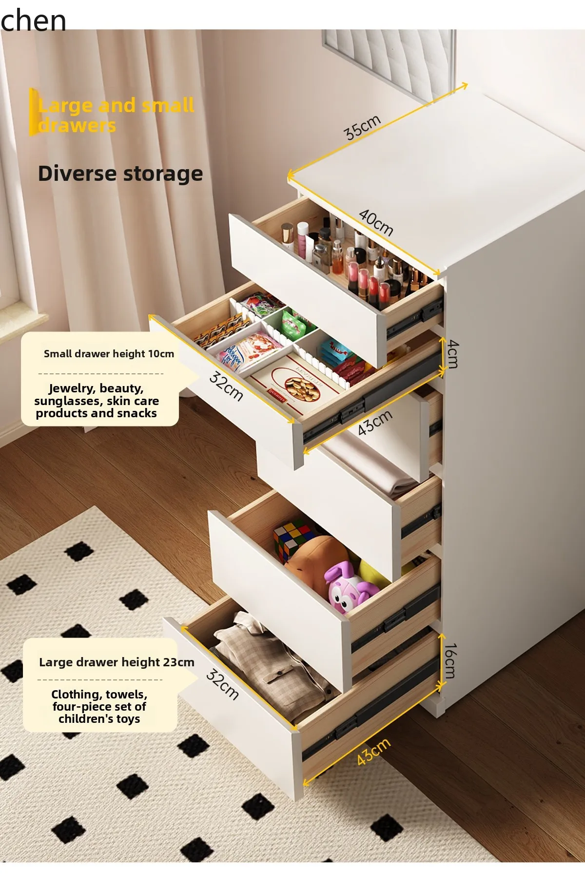 ZML Chest of Drawers Combination Bedroom Bedside Dressing Table Living Room Wall-Mounted Solid Wood Chest Storage Cabinet