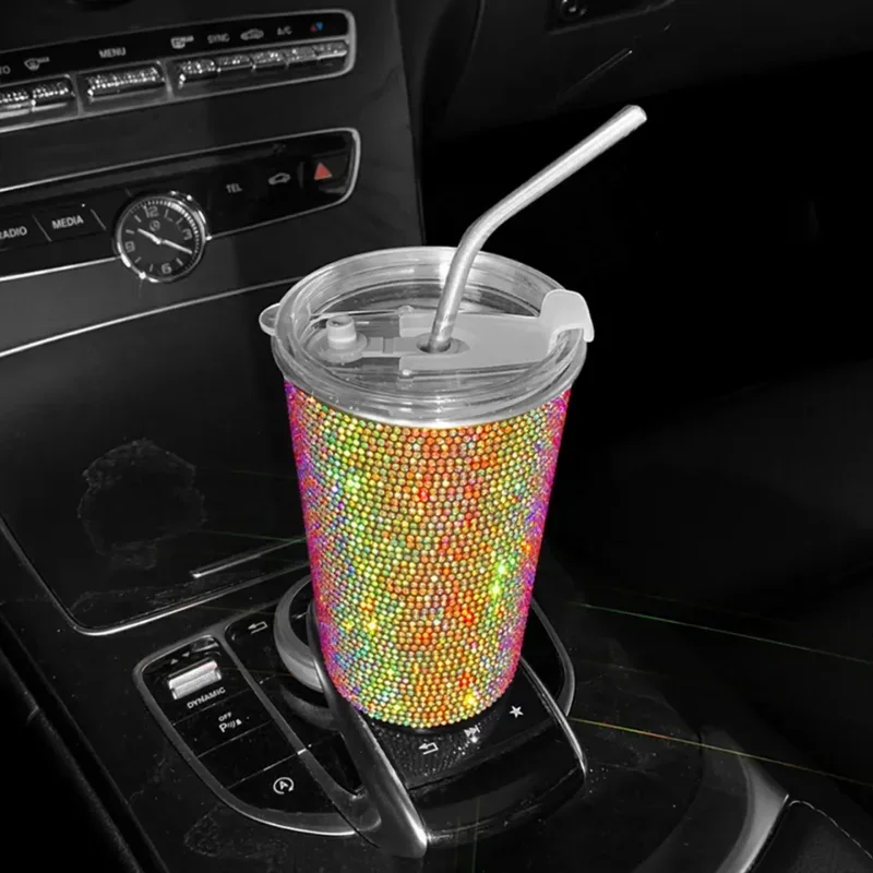 Bling Diamond Stainless Steel Car Water Cup 550ML Women Beverage Coffee Cup Auto Interior Accessories for Car Home Office