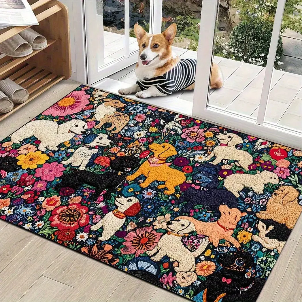 Washable Entry Mat In Vintage Style Dog And Flower Pattern, Velvet Material For Entry/Laundry/Living Room, Entry Door Trim, Home Decor For Birthday