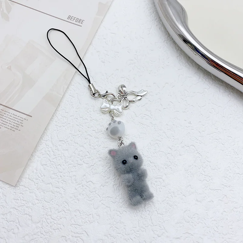 Handmade white cat calico critter phone charm y2k cute bow keychain