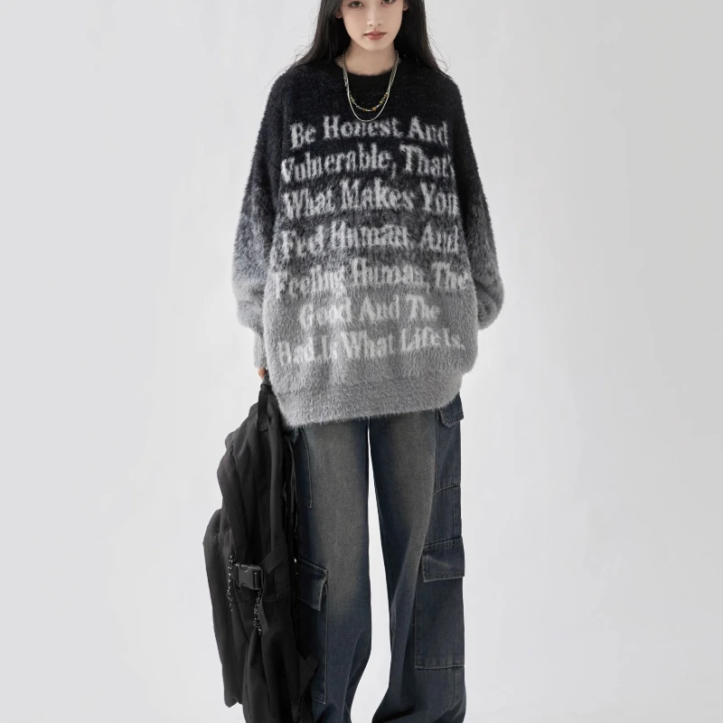 Gradiënt Trui Vrouwen 2024 Herfst Winter Warm Oversized Pullover Streetwear Y 2K Letters Lange Mouw Top Dameskleding