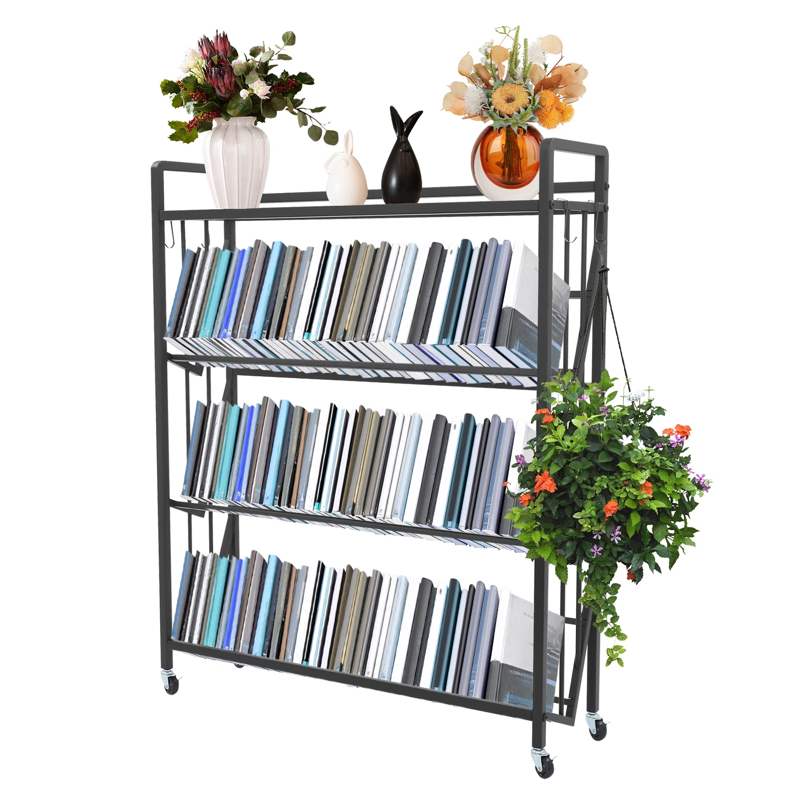 

4-Tier Iron Bookshelf Rolling Book Cart 4 Lockable Casters Mobile Book Storage with Wheels for Living Room Study Bedroom Black